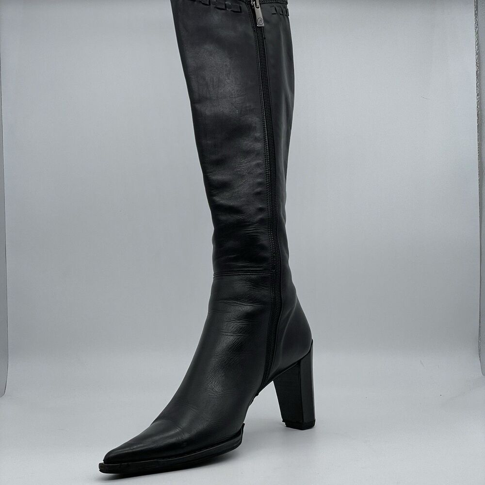 Angela Falconi 3.5 in Block Heel Leather Boots Women’s 40 Black Made In Italy